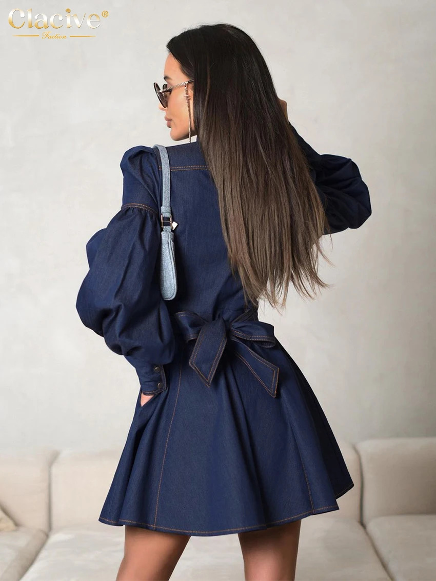 Clacive Fashion Slim Blue Denim Womens Dress 2024 Elegant Stand Collar Long Sleeve Mini Dresses Vintage High Waist Female Dress 241126
