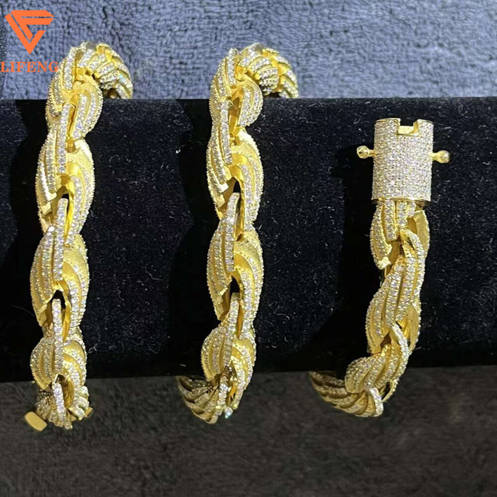 Lifeng Jewelry 10mm Sterling Silver 18k Gold Plated Rope Chain Men Hiphop Moissanite Diamonds Rope Chain Necklace