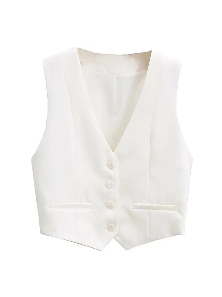Aoaiiys Vest Women Cropped Waistcoat Fashion Front Buttons Tops Vintage V Neck Sleeveless Female Outerwear White Chic Vests 241121