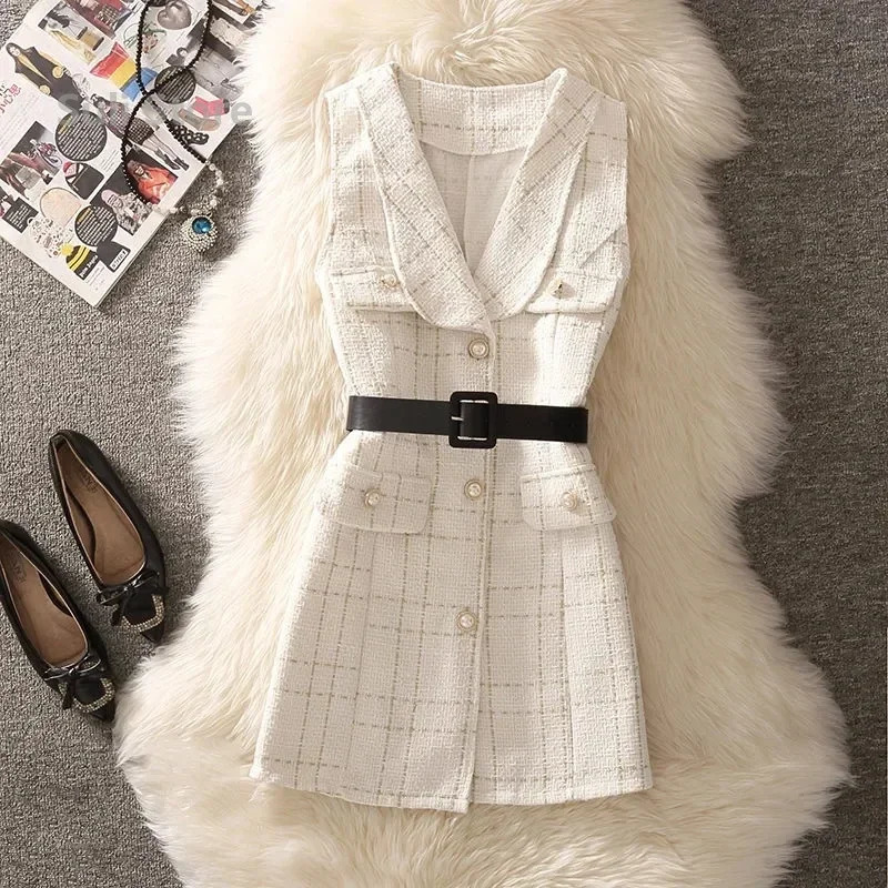 Retro medium length 75cm plain weave tweed vest jacket womens 2-piece set elegant pearl button waistband unlined coat knitted sweater 241126
