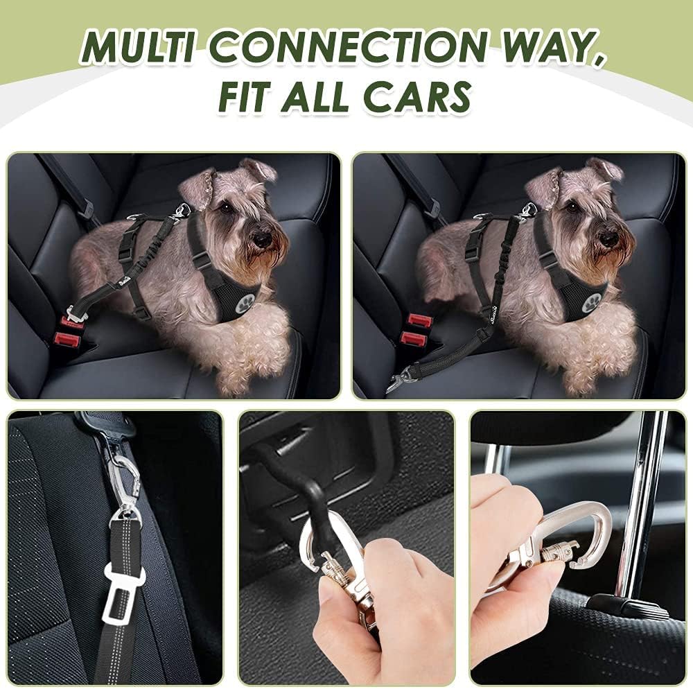 SlowTon Seatbelt, 2 Pack Seat Belt Car Leash Adjustable Elastic Bungee Buffer Heavy Duty Nylon Reflective Pet Safety Tether Connect to Dog Harness for