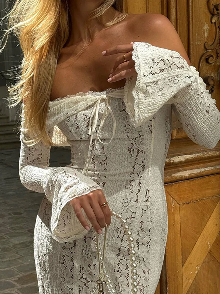 White Off Shoulder Lace Up Flare Long Sleeve Slim Maxi Dress Women Hollow Out Mermaid Floor Length Vestidos Female Elegant Robe 241126
