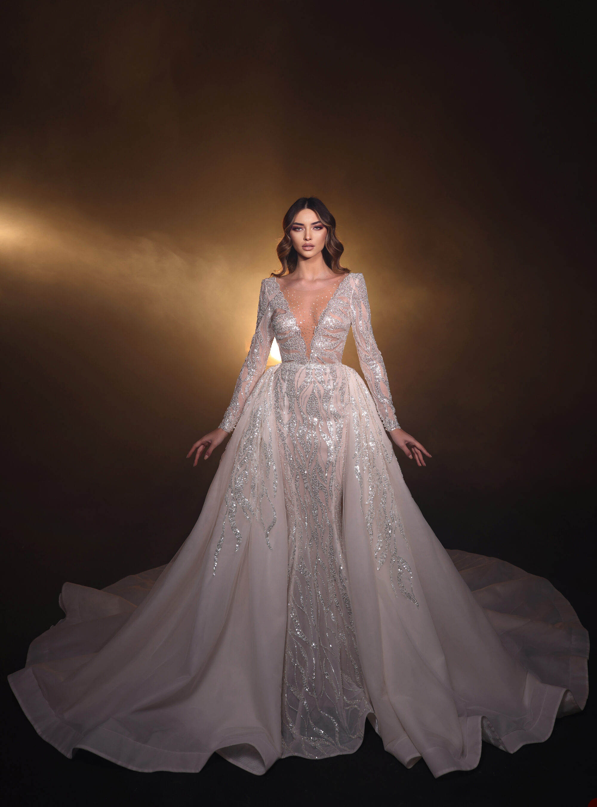 Mermaid Wedding Dresses For Women Sheer Neck Long Sleeves Bridal Gown Sequins Detachable Train Party Customized Dress vestidos de novia