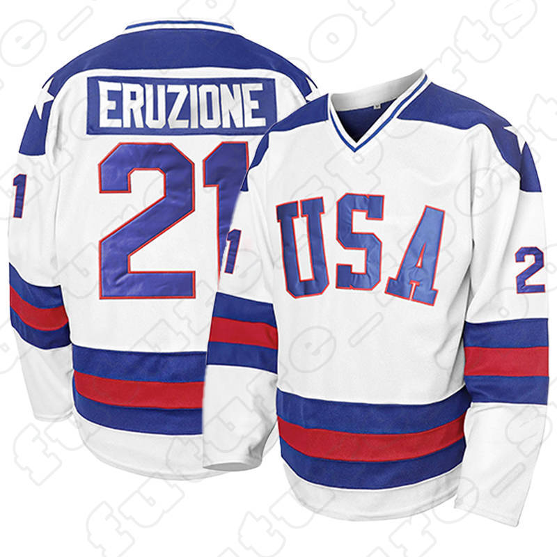 USA White 21 Mike Eruzione Ice Hockey Jersey 1980 Blank Men Stars Stitched Letters with Pullover Closure Long Sleeves Adult Hoody