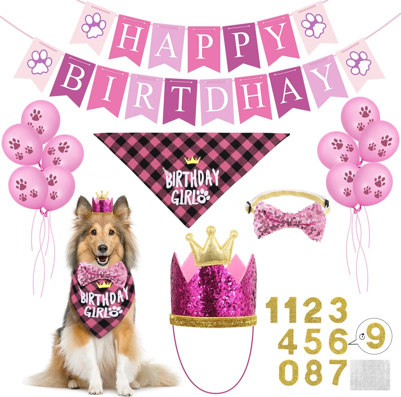 Selemoy Supplies, Hat Bandana Scarf with Cute Dog Bow Tie, Flag, Balloons for Small Medium Dogs Pets, Doggie Birthday Party Supplies Decorations