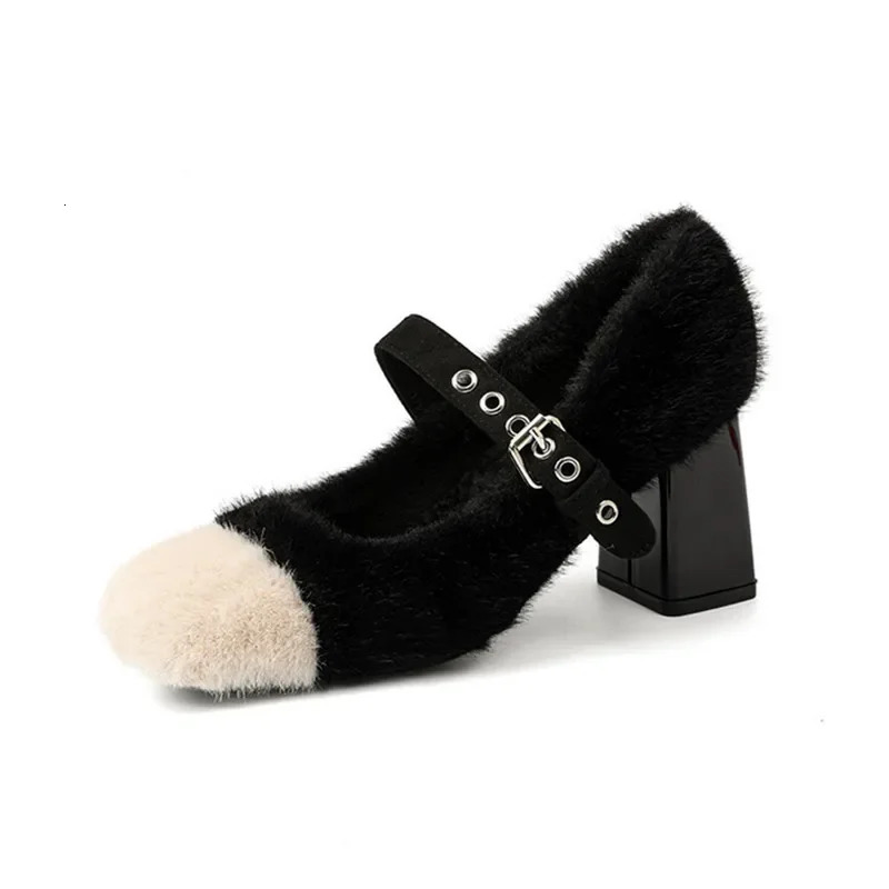 Fashion Furry Mary Jane Shoes Women 2025 Winter Cute Warm High Heels Square Heel Belt Buckle Women Pumps Zapatos De Mujer 241127