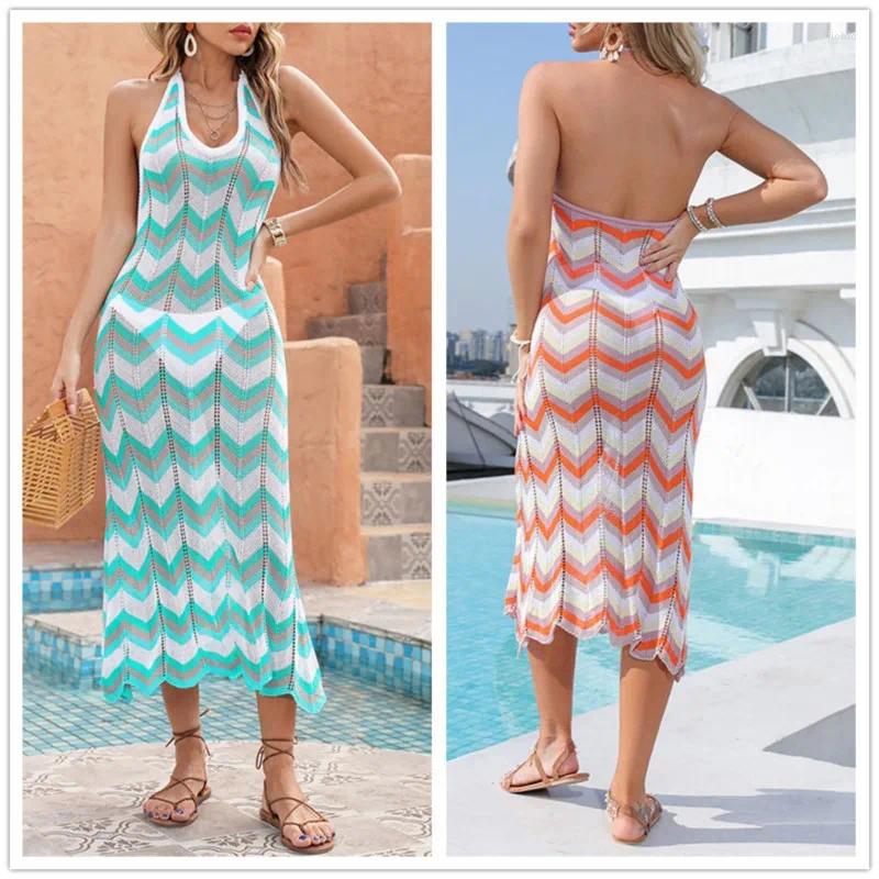 Beach Outfits For Women Cover Up Pareo Summer 2024 Knitted Wavy Stripe Sexy Backless Sunblock Bikini Solid Polyester Dress
