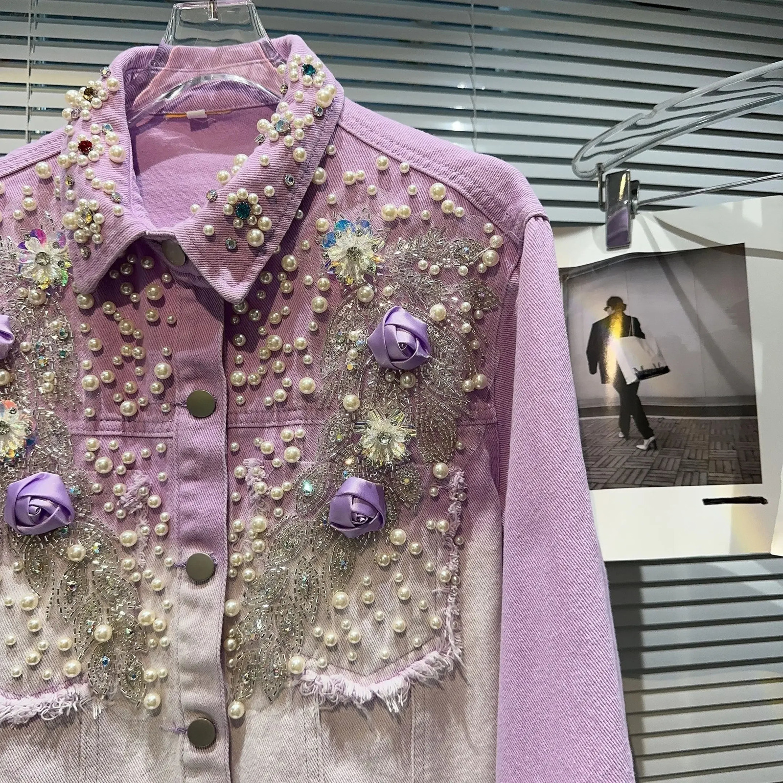 Women Autumn 3D Flowers Embroidery Beaded Denim Coat Loose Gradient Purple Color Floral Jeans Jacket Pearls Cowboy Cardigan Tops 240416