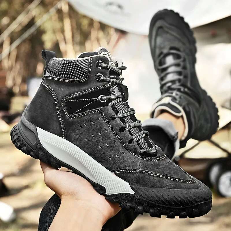 Men New Genuine High Tops Casual Sport Hiking Shoes Outdoor Sneakers Hot Skidproof Cow Leather Climbing Boots