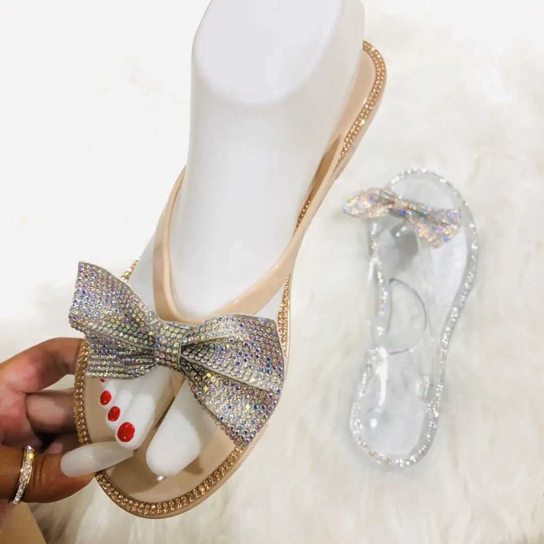 2024 Spring/summer new large size flip flops women bow knot rhines outdoor leisure beach flat home sandals/slippersXJ250207