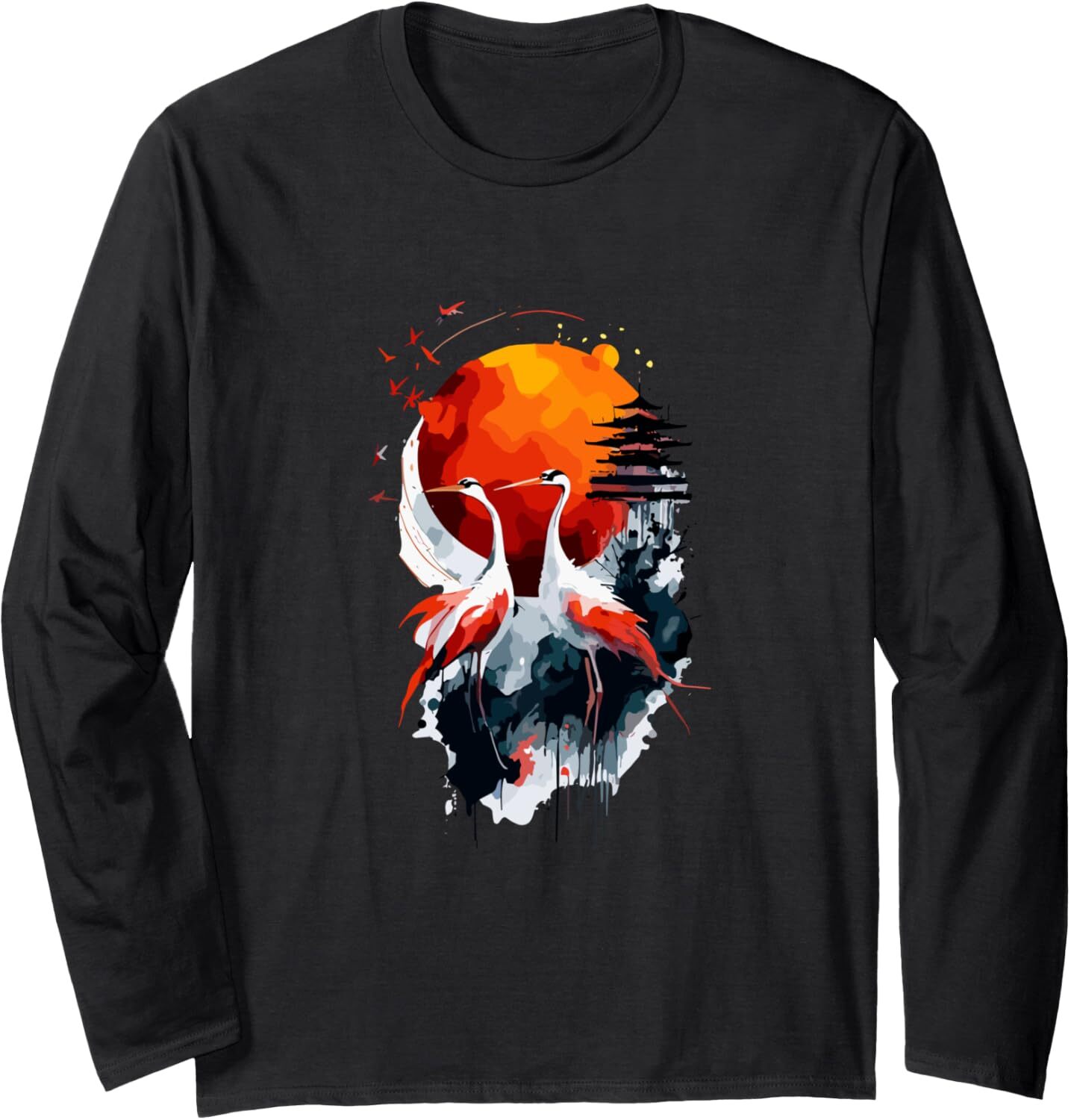 Long Sleeve Shirts for Men sweatshirt Japanese Sumi E Red Cranes Rising Sun Bamboo Print Long Sleeve T-Shirt Streetwear Casual tops clothes