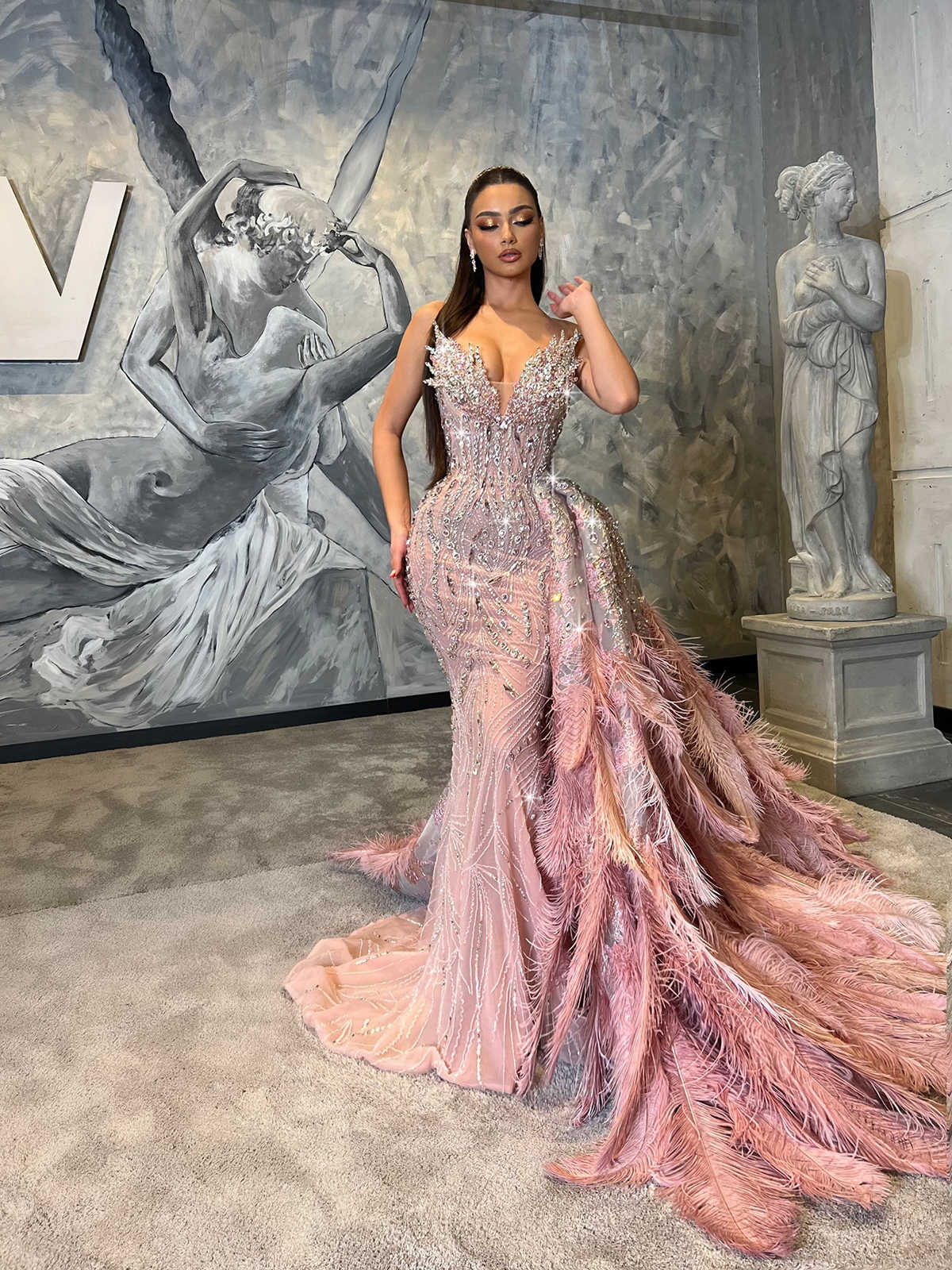 Gorgeous Mermaid Evening Dresses Crystal Prom Gowns with Detachable Train Strapless Feather Beading Party Dress Custom Made Vestidos de noche