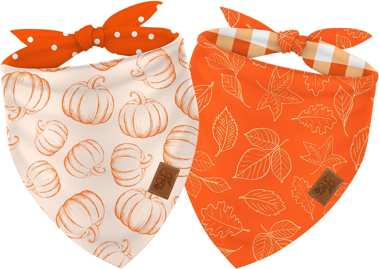 JarThenaAMCS 2Pcs Fall Reversible Bandana Pumpkin Polka Dot Autumn Leaves Gingham Triangle Scarf Orange Adjustable Pet Neckerchief Bibs for Dog Cat Co