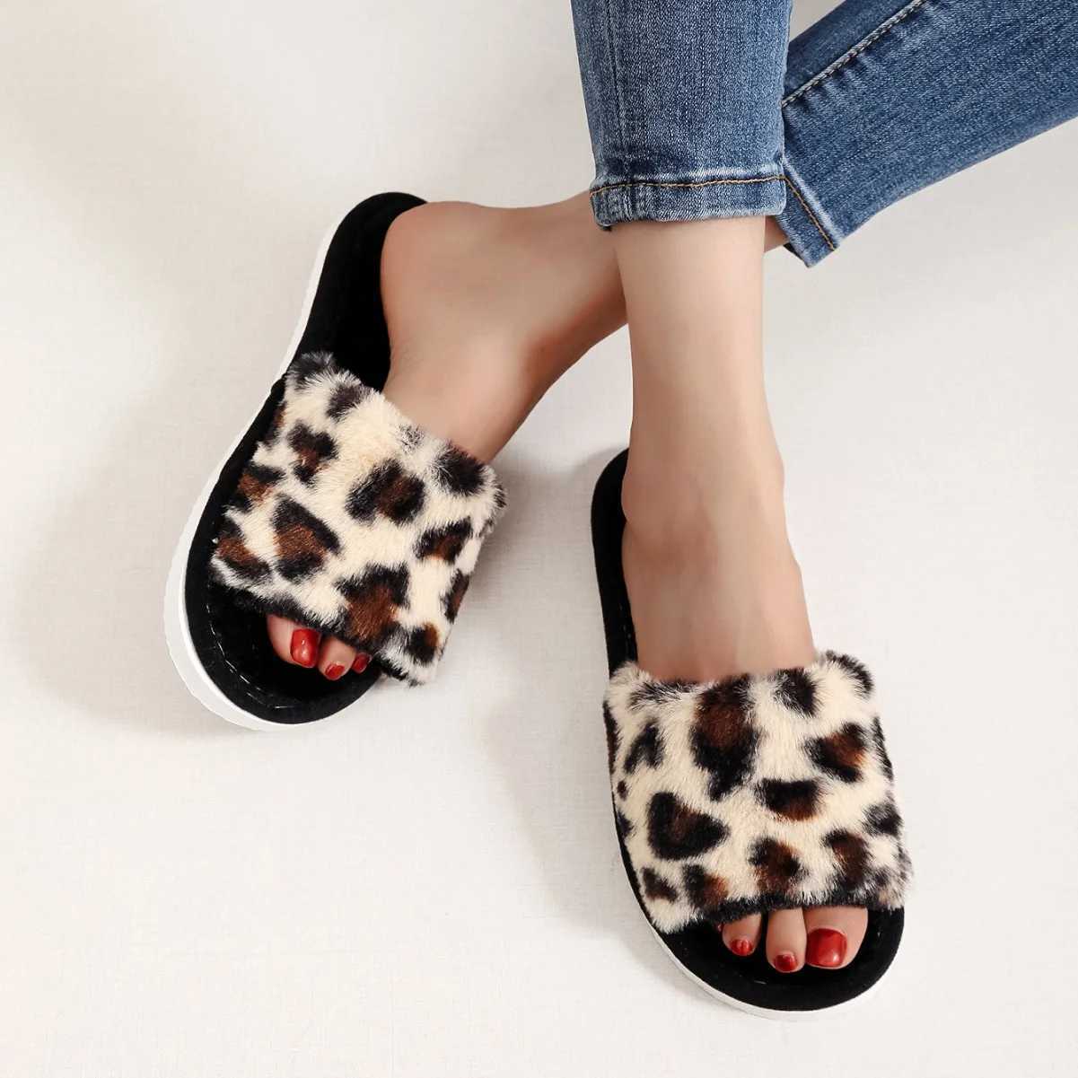 Autumn Winter Leopard Print Slippers Womens Fi Plush Fur Slides Home Flip Flops Indoor Warm EVA Anti Slip Living Room ShoeXJ250207