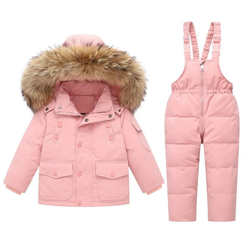 -30 Degree Russian Winter Boy 2PCS Clothes Set Waterpoof Real Fur Down Jacket Baby Girl Winter Overalls 1-5 Year Kids Snowsuit 241126