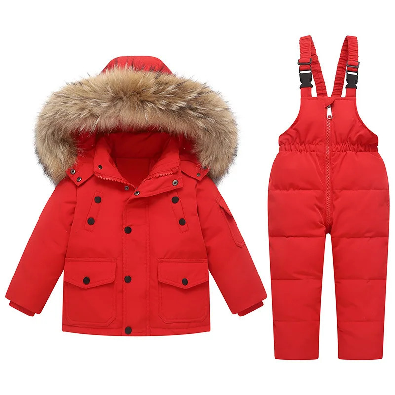 -30 Degree Russian Winter Boy 2PCS Clothes Set Waterpoof Real Fur Down Jacket Baby Girl Winter Overalls 1-5 Year Kids Snowsuit 241126