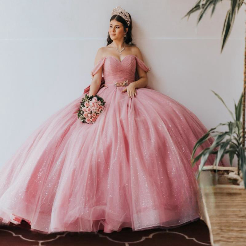 Pink Customized Ball Gown Quinceanera Dresses Off Shoulder Bow Tull Party Birthday Mexico Sweet Dress Vestidos De Anos