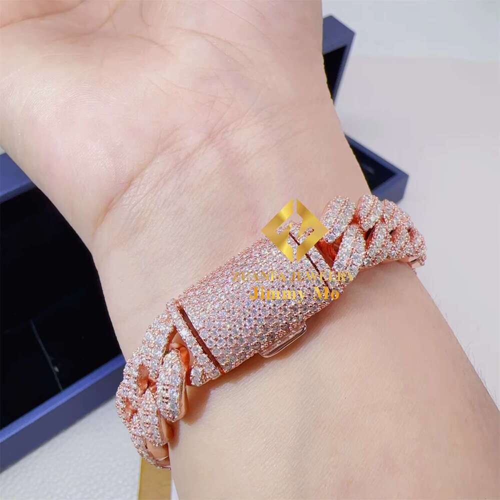 Solid Sier Rose Gold Plated Iced Out Hip Hop Fire Jewelry VVS Moissanite Dia Cuban K Chain Bracelet Man