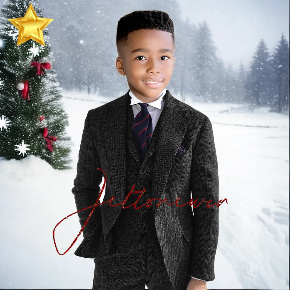 Gray Wool Tweed Winter Boy Suits For Wedding Formal KidsTuxedo Herringbone Child Fashion 3 Piece Jacket Vest Pants 241126