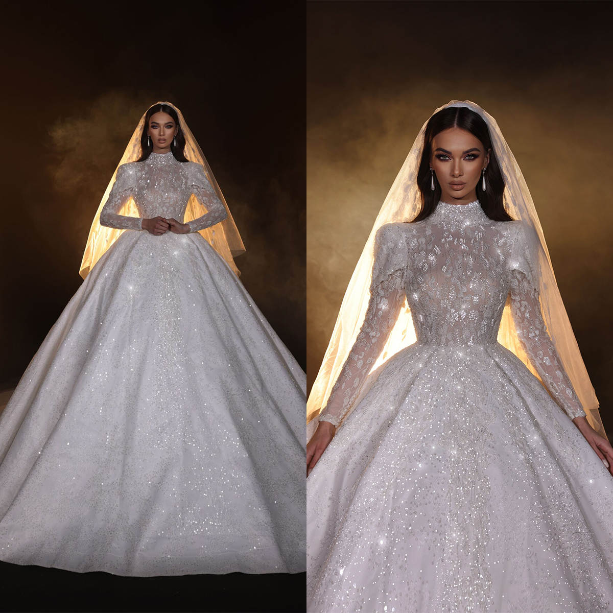 Vintage Wedding Dress For Women High Collar Long Sleeves Backless Bridal Gown Sequins Court Train Customized Dresses vestidos de novia