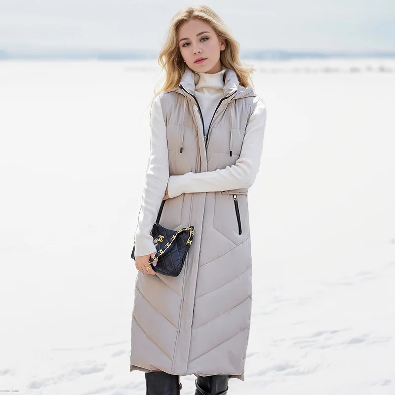 2024 Fashion Winter Long Vest Woman Outerwears Hooded Elegant Thick Warm Jackets Coat Female Sleeveless Down Cotton Parka 241121