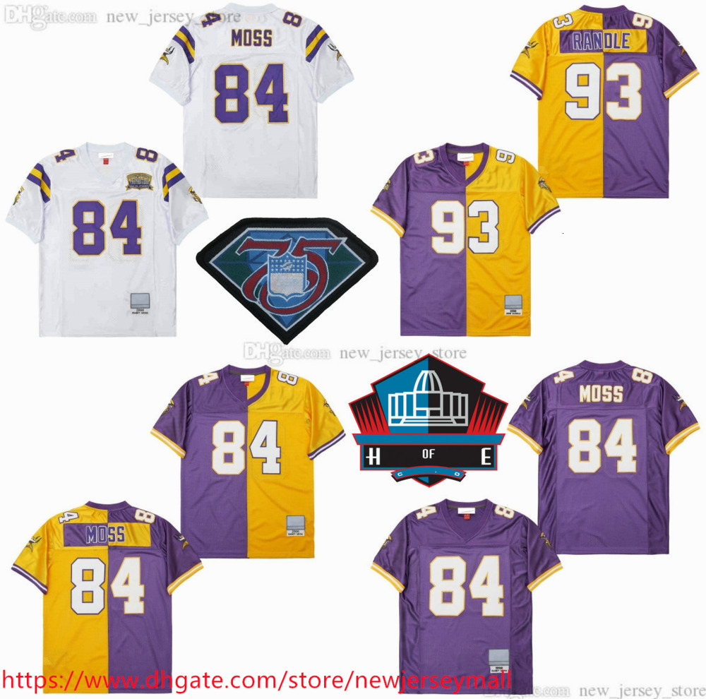 College 2000 Throwback Football 84 Randy Moss Jersey Retro Stitched 1998 #93 John Randle Jerseys Vintage Breathable Sports Shirts Yellow Purple White