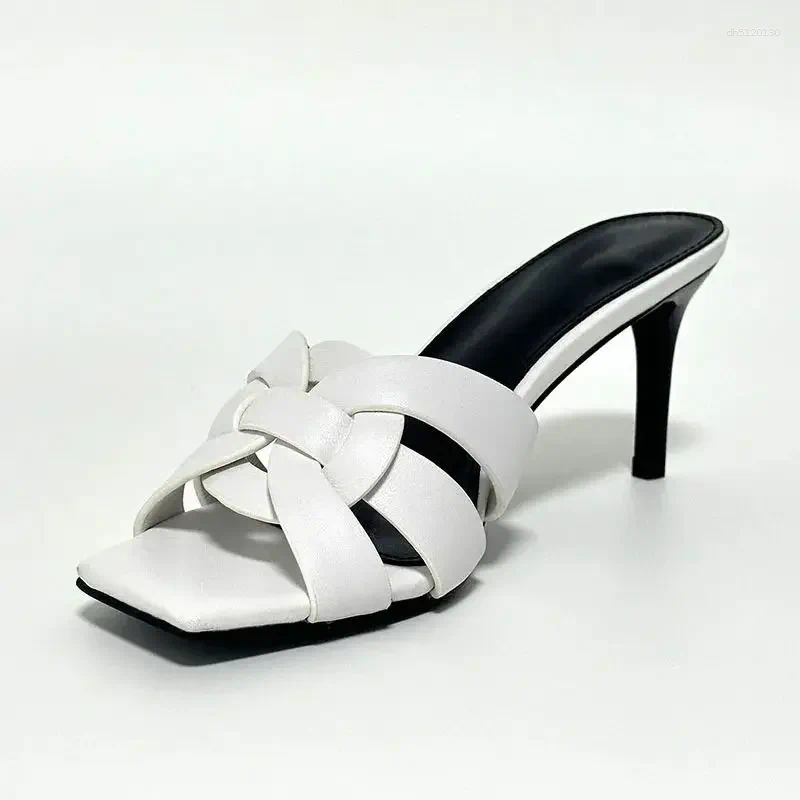 Solid Slippers Summer High Heel Woman Slipper Woven Sheep Leather Designer Runway Mule Peep Toe Multicolor Real Party Shoe