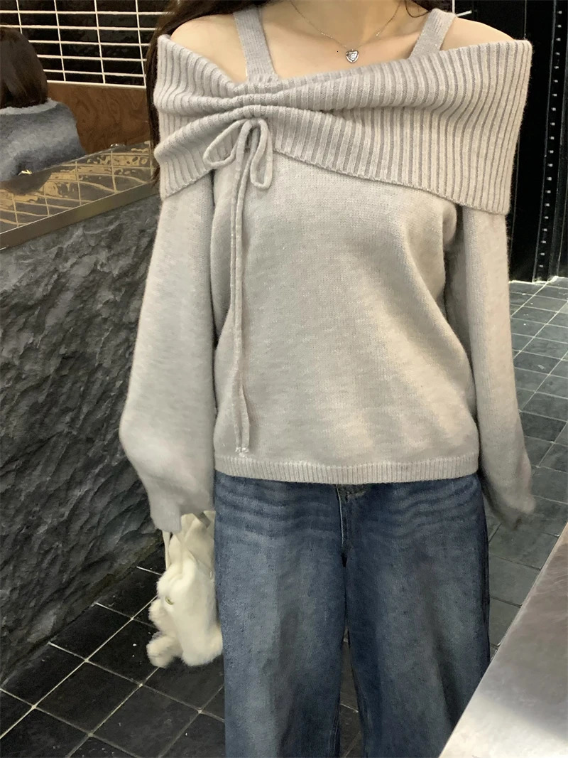 Winter Women Korean Fashion Pullovers Slash Neck er Knitwear Gyaru Long Sleeve Coquette Sweater Jumper 2000s s Y2k 241127