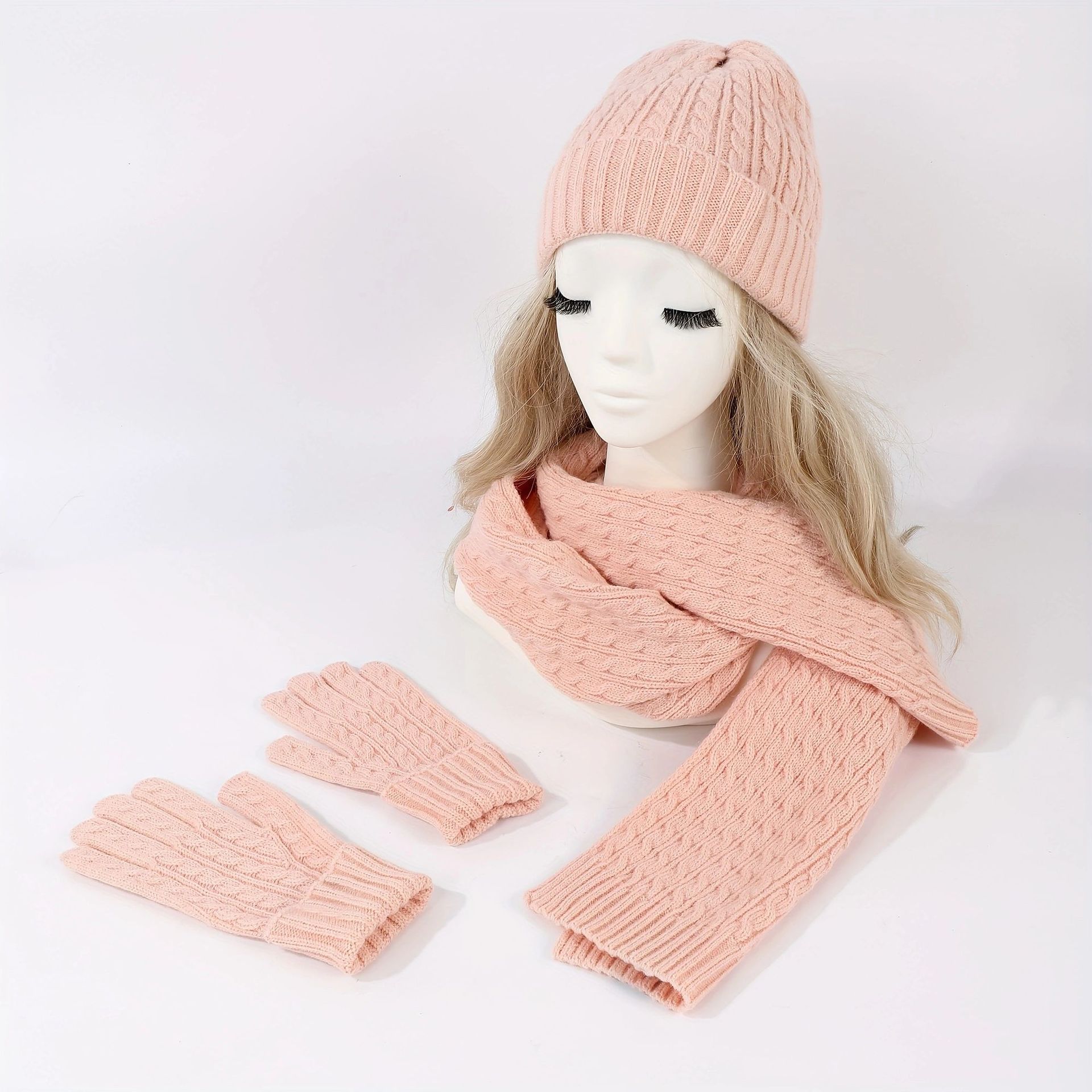 Winter European and American Fashion New Knitted Mask Hat Scarf One piece Women's Thickened Warm Autumn and Winter Solid Color Three piece Set