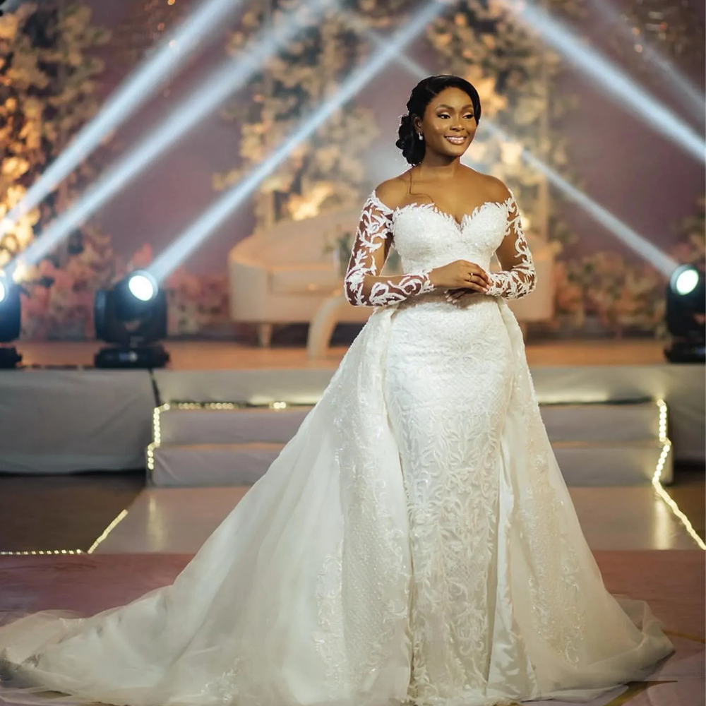 Arabic Aso Ebi Plus Size Ivory Mermaid Wedding Dresses Lace Beaded Detachable Train Bridal Gowns Dresses Flowers Lace Appliqued Princess Vintage