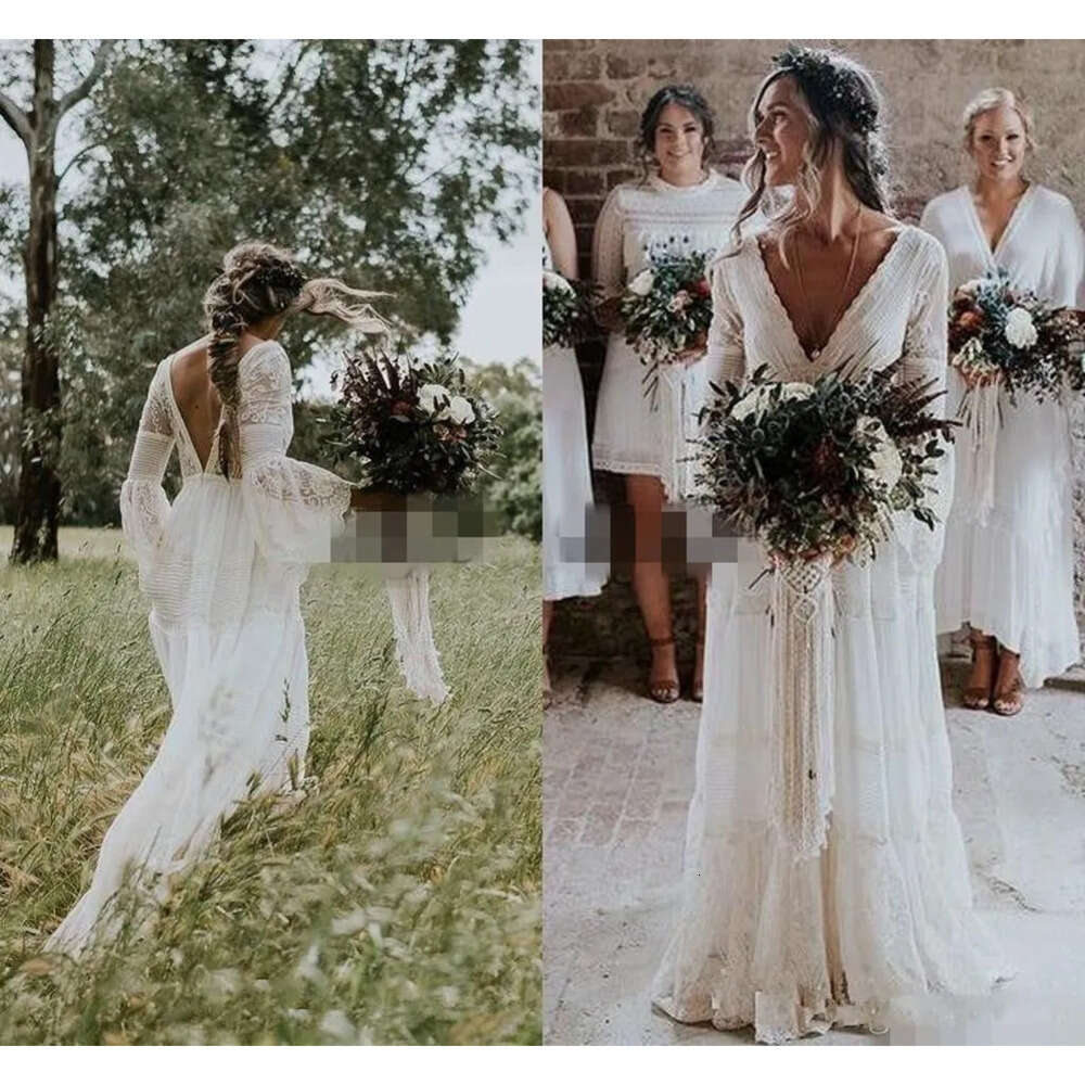 V Neck Country Wedding Dresses Crochet Lace Vintage Summer Boho Bridal Gowns France Charming Hot Gelik Vestido De Noive 6660306