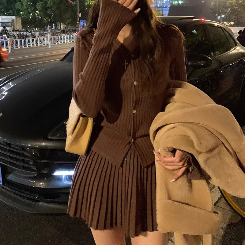 Spring Autumn Womens Knitted Suit Fashion Sweet Slim Knit Cardigan Y2k Tops Elastic Waist Mini Pleated Skirt 2pcs Matching Set 241127