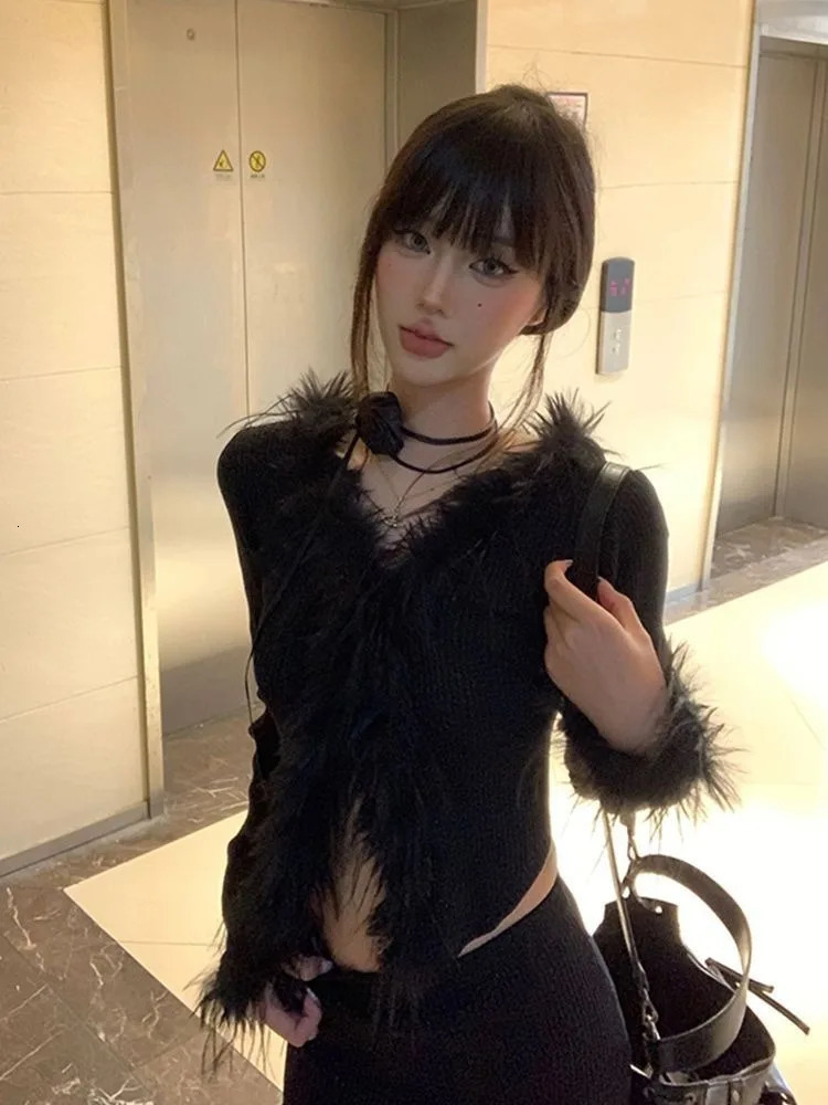 Black Fluffy V-neck Cardigans Mujer Spring Autumn Slim Fit Knitted Tops Women Y2k E-Girl Long Sleeve Bottoming Sweaters 241127