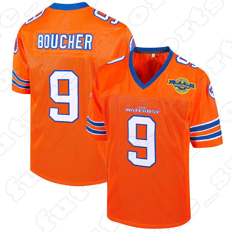 9 Bobby Boucher Mens Orange Adam Sandler's Football Jerseys The Waterboy 90s classic Movie V-Neck Embroidered Stitched Letters with Short sleeve Adult Jersey