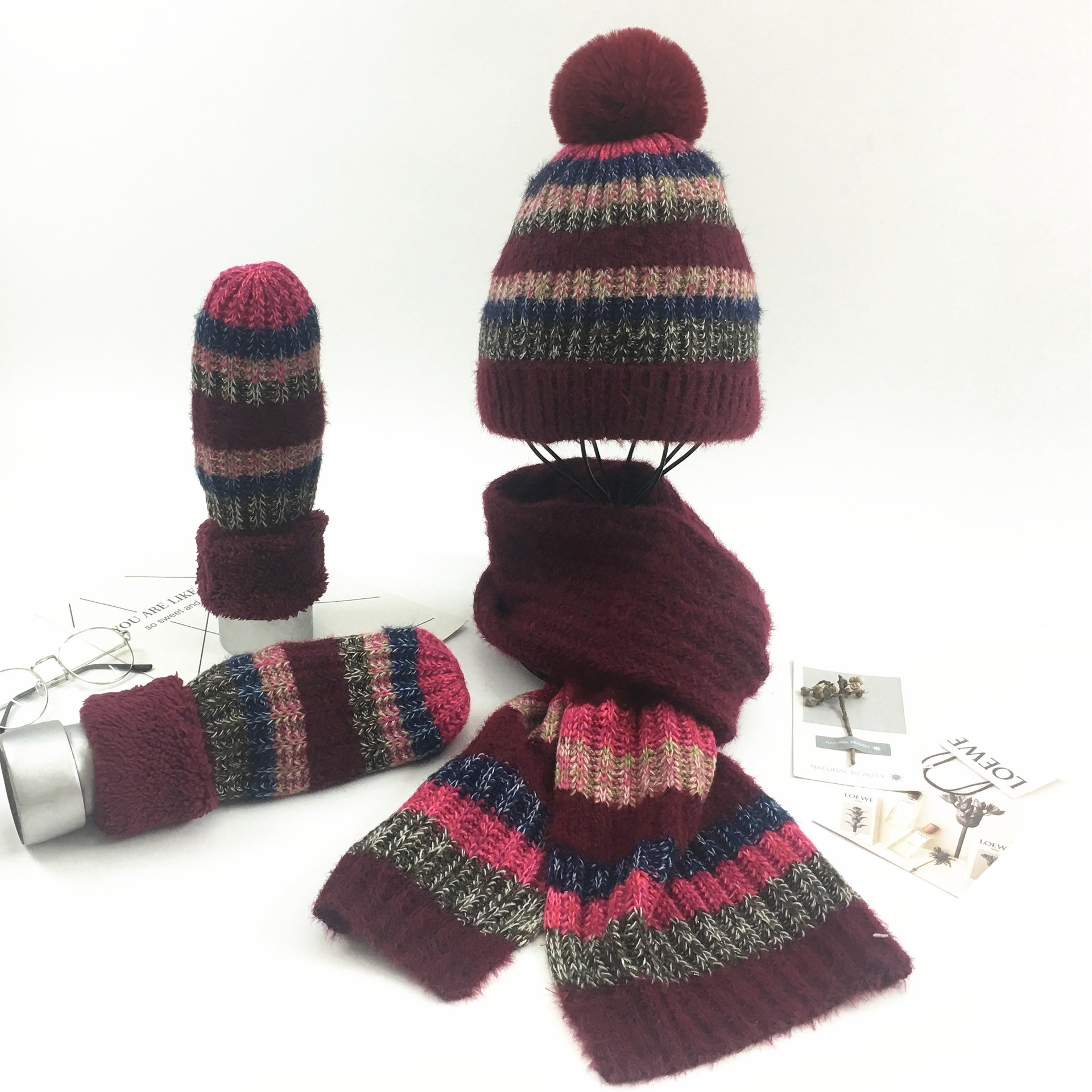 European and American autumn and winter fashion knitted striped three piece set versatile and warm pullover woolen hat scarf glove set