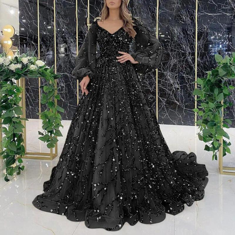Casual Dresses Women Slim-fitting Dress Elegant V Neck Sequin Evening Gown With Lantern Sleeves Beading A-line Floor Length Cocktail For