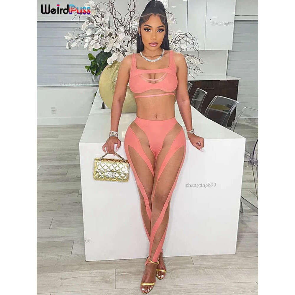 Women's Tracksuits Weird Puss Mesh Sexy 2 Piece Set Women Tracksuit Patchwork Fitness Sporty VestLeggings Stretch Skinny Midnight Matching Outfit