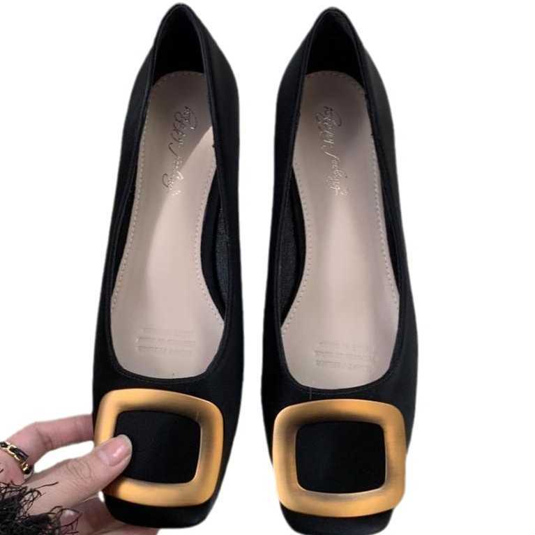 2025 Heels high heels Gentle fairy style design with sense of happiness new metal buckle square buckle thick heel soft sole non tiring single shoe