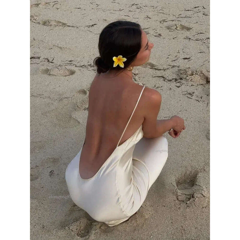 Elegant Backless Satin Women Long Dress Sexy Sleeveless Uneck Slim White Maxi Dresses 2024 Summer Female Beach Party Robes 240826