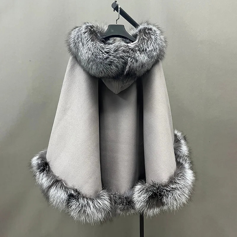 Womens Hooded Real Fur Poncho Genuine Silver Fox Collar Trim Wool Cape Fashion Style Winter Warm Shawls XG5388 241126