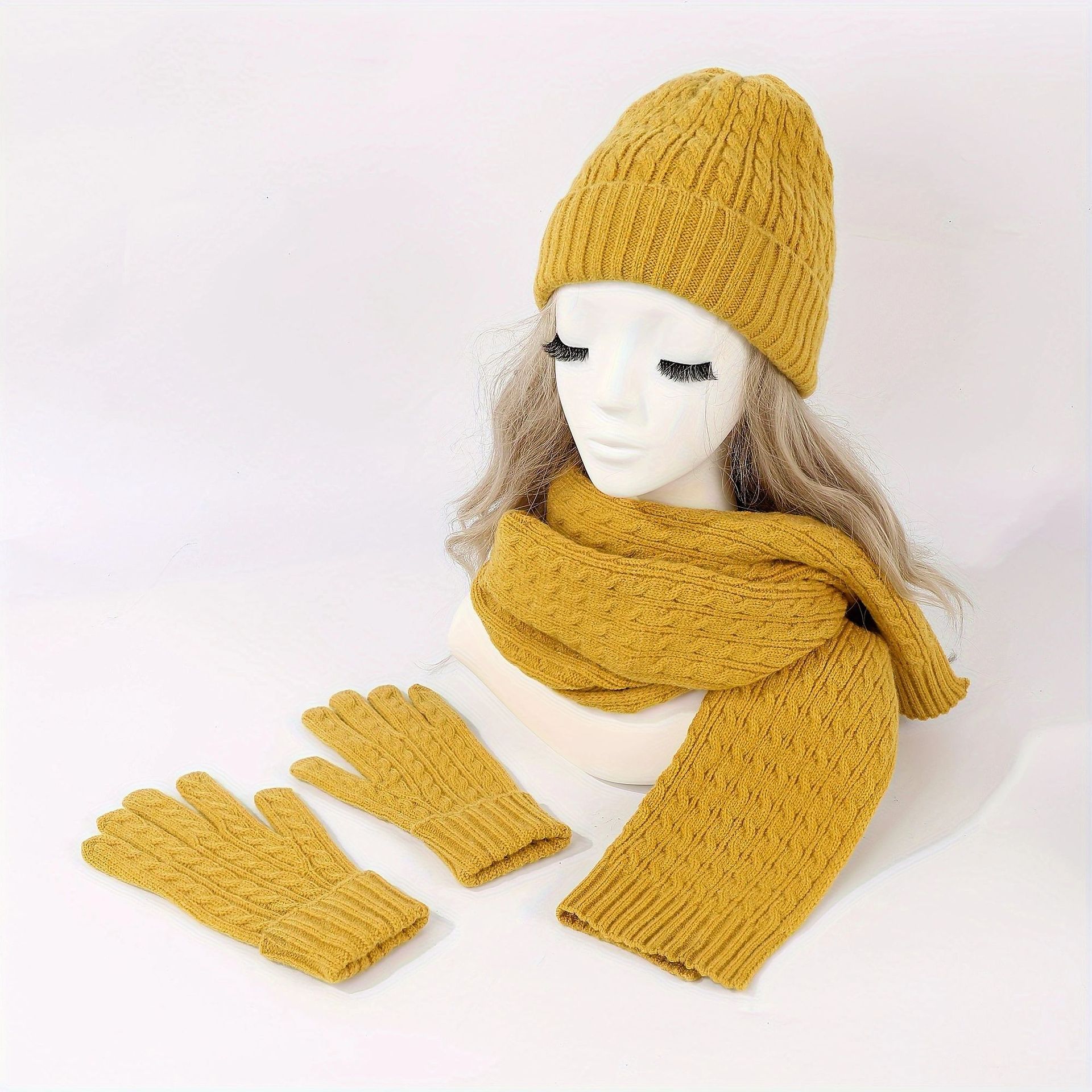 Winter European and American Fashion New Knitted Mask Hat Scarf One piece Women's Thickened Warm Autumn and Winter Solid Color Three piece Set