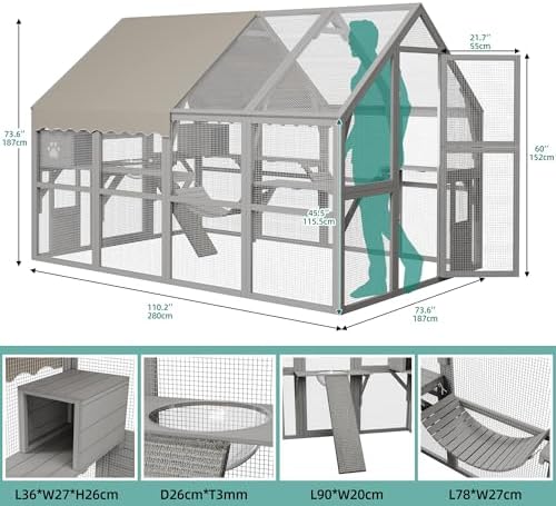 YITAHOME Extra Large Catio Outdoor Enclosure, 110 inch Outside Cattery with Weatherproof Roof, Scratcher Ramp, Cat Space Capsule Bed, Bridges, 2 Resti