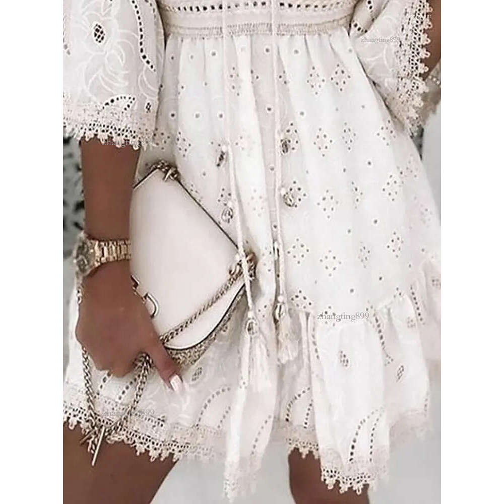 Casual Dresses White Lace Dress Women V Neck Up Female Patchwork Three Quarter Sleeve Vacation Beach Ladies A-line Party