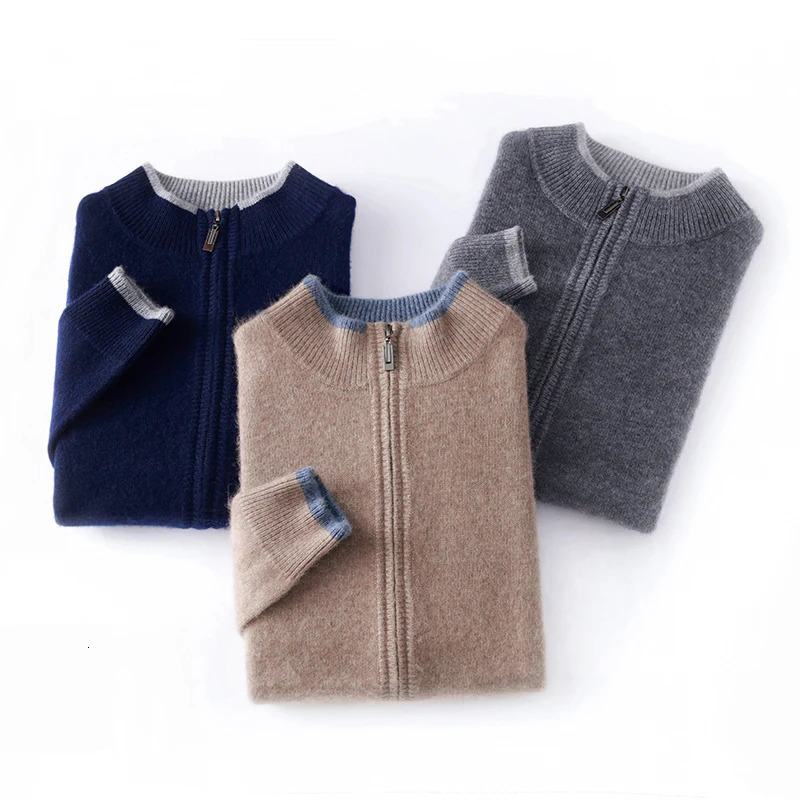 AutumnWinter 100% Pure Cashmere Sweater Mens Half High Neck Knitted Zippered Cardigan Solid Color Wool Top Coat 241127