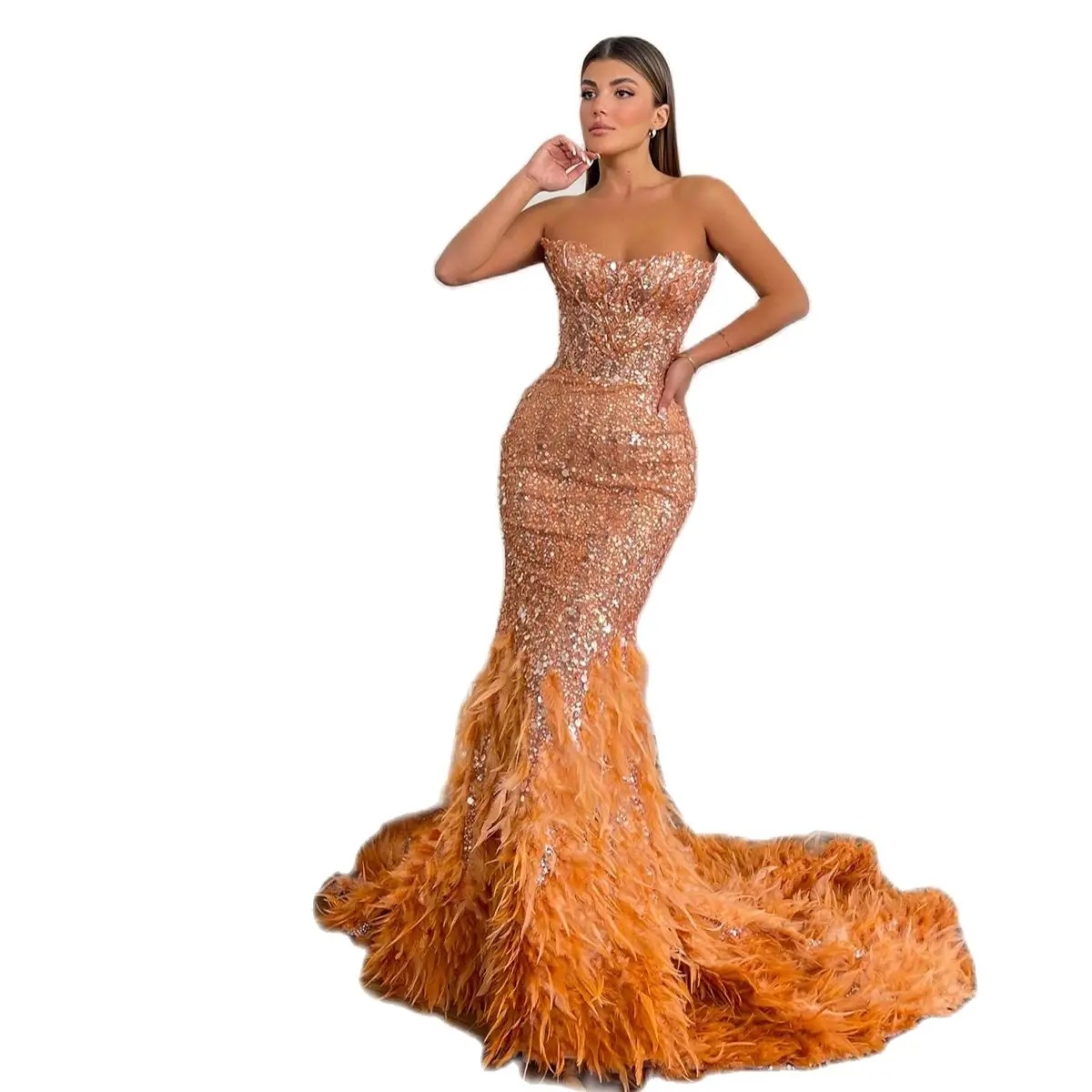 Feather Strapless Prom Dress Sparking Sequined Lace Evening Gowns Sleeveless Beading Robe De Soiree