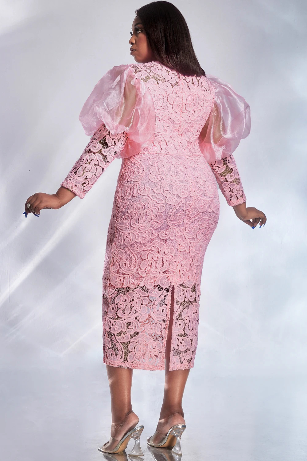 Women Plus Size Formal Dress Pink Lace Puff Sleeve See-Through Midi Dress Elegant Sweet Wedding Guest Cocktail Bodycon Dresses 241127