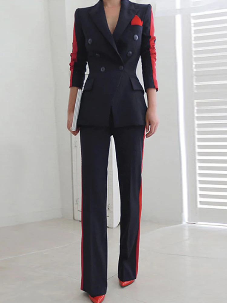 Formal 2 Pieces Outfits Elegant Women Mujer Temperament Double Breasted Slim Outwear Blazer Suit Long Pants Trouser Suits Sets 241126
