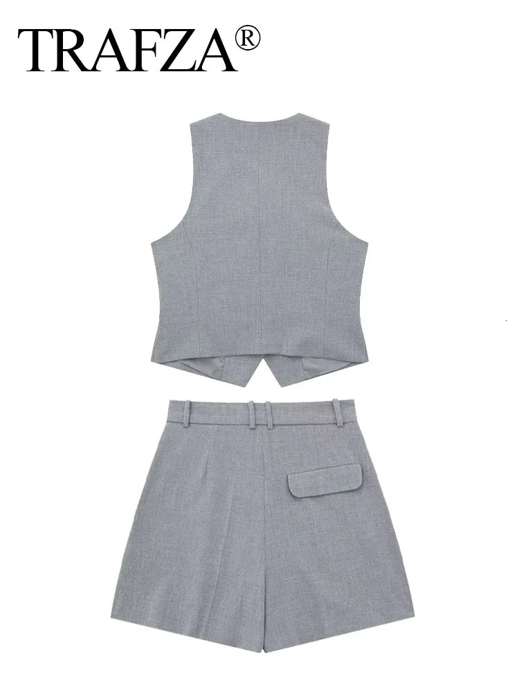 TRAFZA Women Vest Pant Suit Vintage Solid Vneck Single Breasted Sleeveless Vests Top Shorts Summer Woman Streetwear Grey Sets 240423
