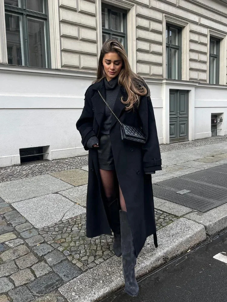 Fashion With Belt Black Woolen Long Coat For Women Oversize Loose Double Button Lapel Overcoat Autumn Lady High Street Outerwear 241121 - view 3
