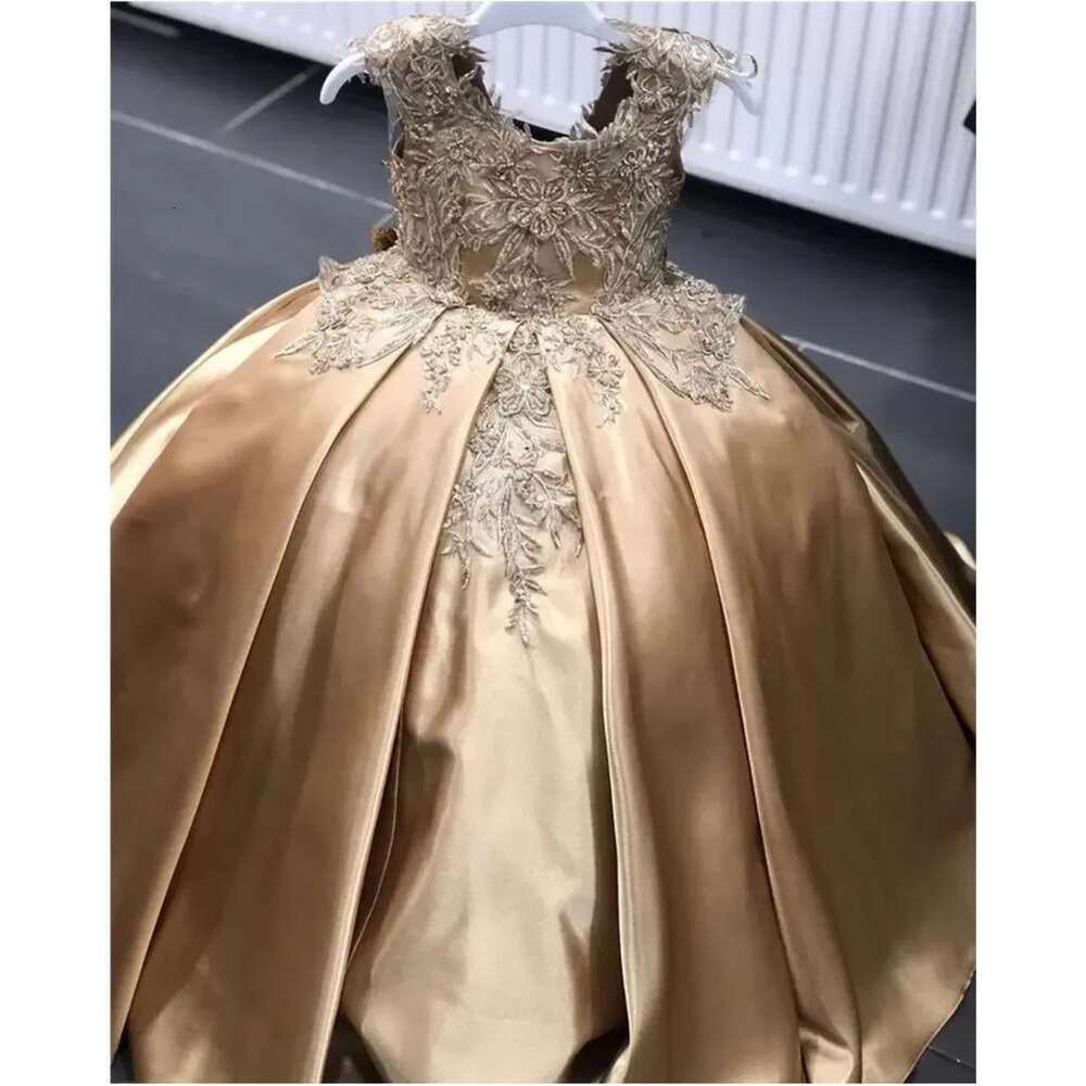 Flower Gold Dress Crystal Girls Pageant Dresses Ball Gown Beaded Toddler Infant Clothes Little Kids Birthday Gowns Bc Es S